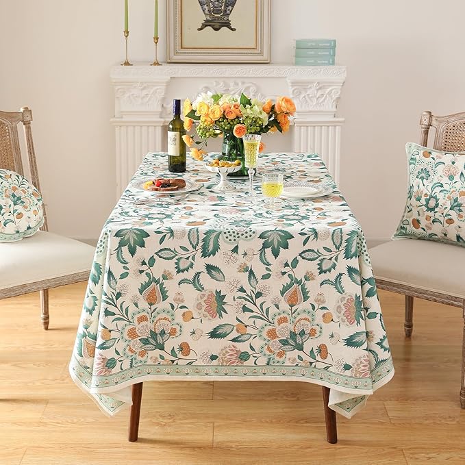 patdrea Designer Green Long Rectangle Table Cloth, Vintage Italian Floral - Image 6