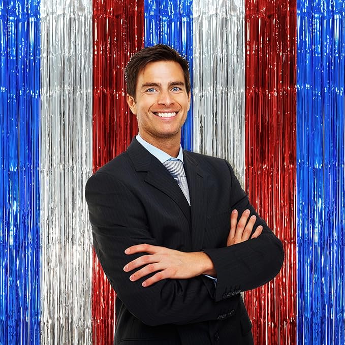 3 Pack 3.3 x 8.2 ft Blue Red Silver Foil Fringe Backdrop Curtains, Tinsel - Image 7