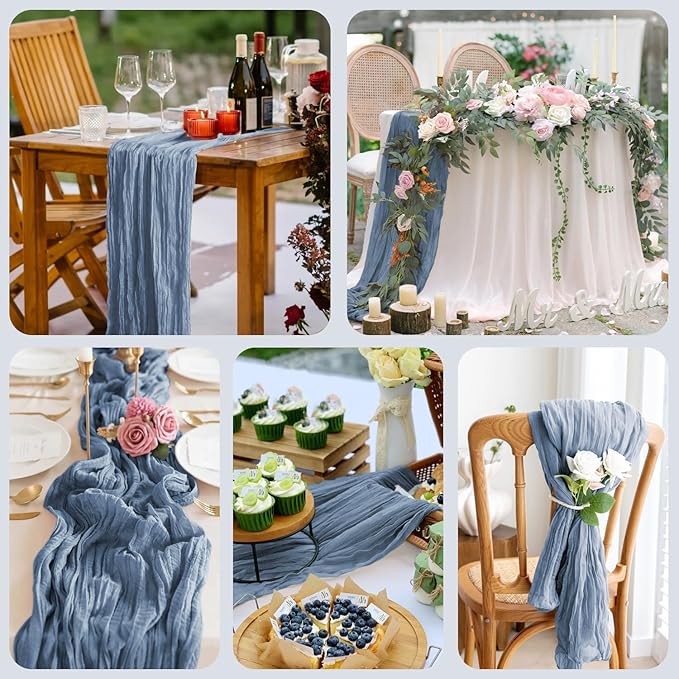 Asee'm 12pcs Cheesecloth Table Runner 120 Inches Long Dusty Blue Boho Gauze - Image 7