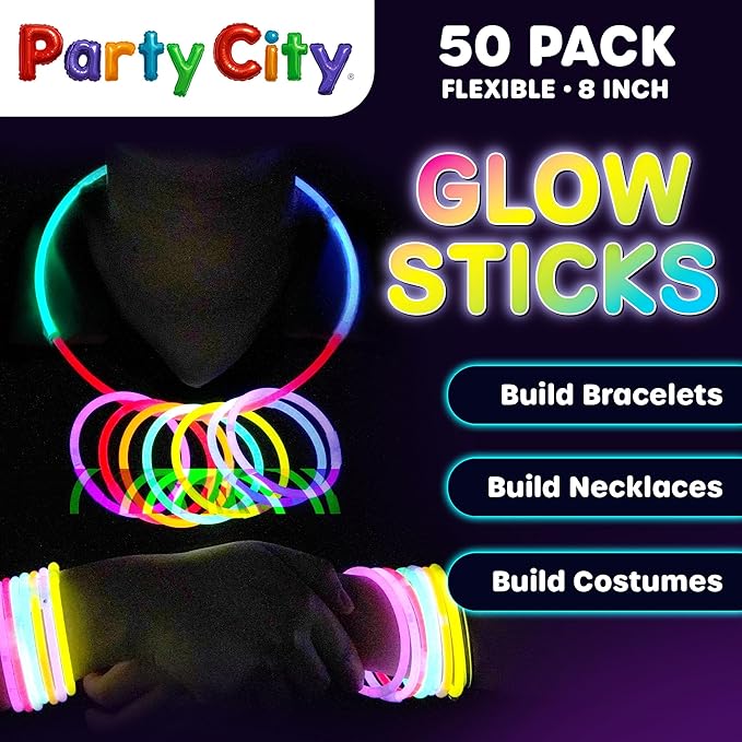 Party City 50 Glow Sticks Bulk Party Pack 8”– Neon Glow in the Dark Party - Image 2