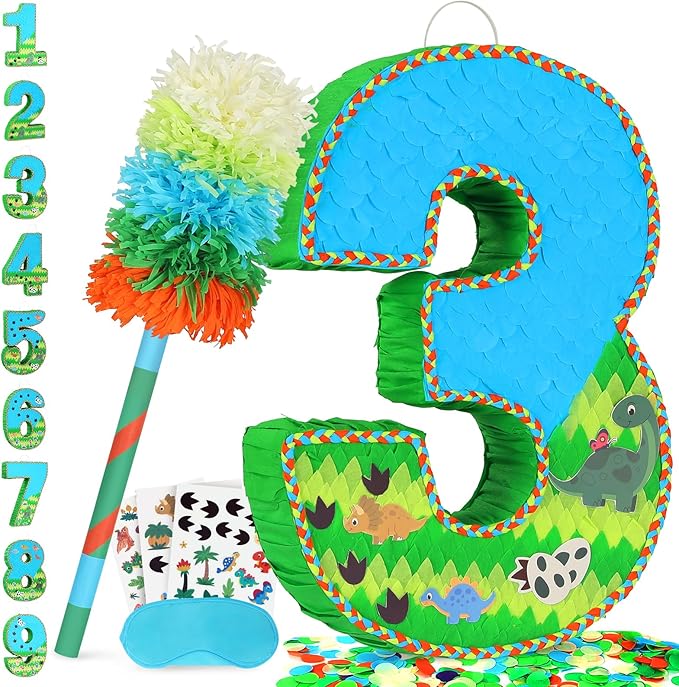 Number 3 Pinata for Birthday Party Decorations, Jungle Dinosaur Piñata Games Toy by Pardecor