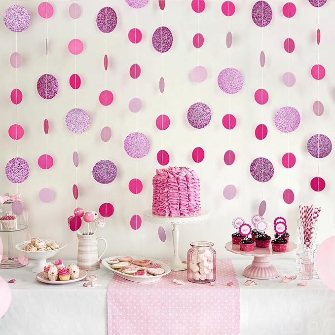 8 Pack Pink Glitter Dot Garland, Hanging Circle Streamers Banner, Backdrop - Image 2