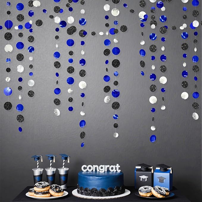 46Ft Navy Blue Black Silver Circle Dots Garland Royal Blue Black Polka Dots by pinkblume