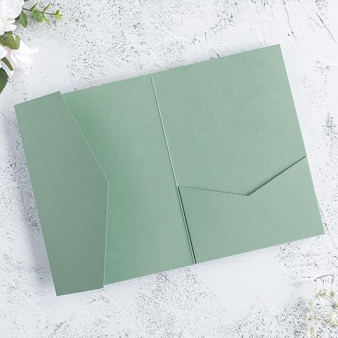 20 PCS Sage Green Tri-fold Laser Cut Wedding Invitation Pockets - Image 4