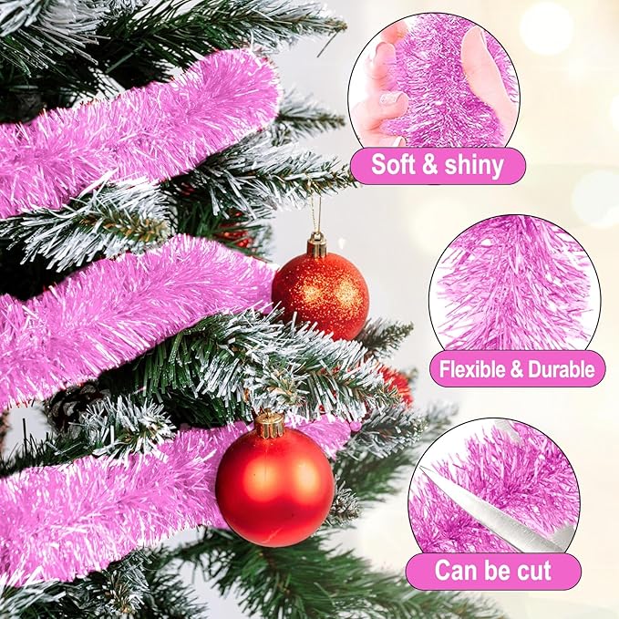25 Feet Macaron Pink Christmas Tinsel Garland, Metallic Foil Twist Garland Wall - Image 3