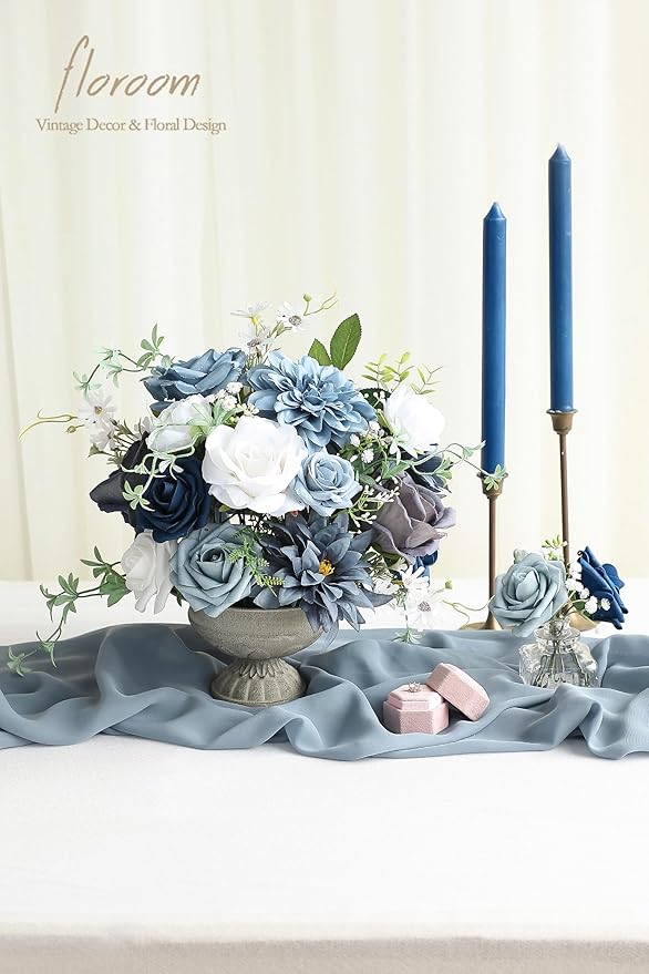 Floroom Dusty Blue Navy Artificial Flowers Fake Roses Peonies Dahlias and - Image 2