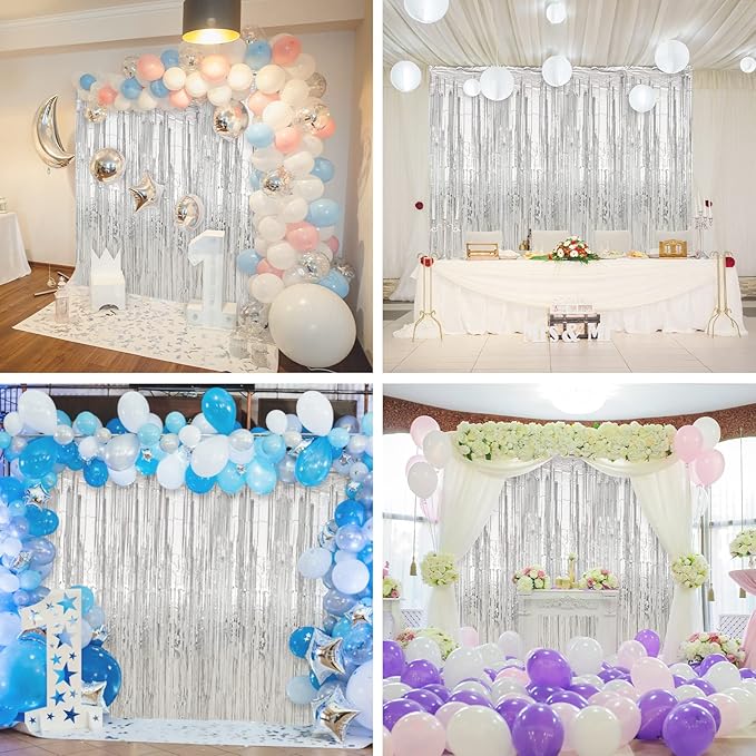 Crosize 4 Pack 3.3 x 9.9 ft Silver Foil Fringe Curtains Party Decorations - Image 7