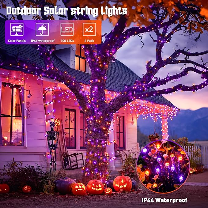 JMEXSUSS Orange and Purple Solar Halloween Lights, 2 Pack Each 100 Led Solar - Image 2