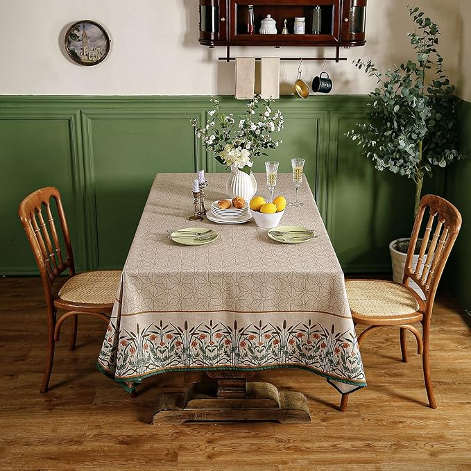 patdrea Designer French Light Brown Rectangular Table Cloth, Linen Floral - Image 8