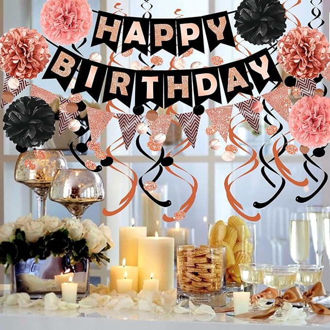 FECEDY Rose Gold Theme Happy Birthday Banner Flag Bunting Paper Circle Confetti - Image 4