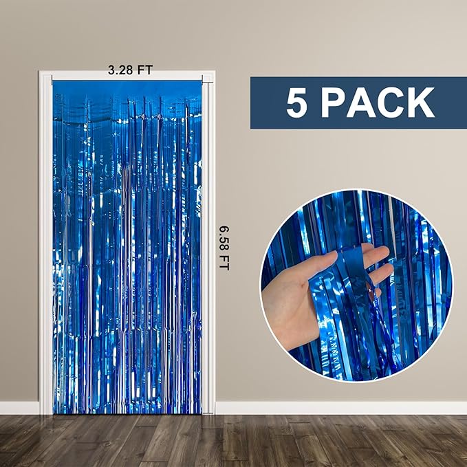 5 Pack Foil Curtain Backdrop Blue Metallic Tinsel Foil Fringe Curtains Photo - Image 7