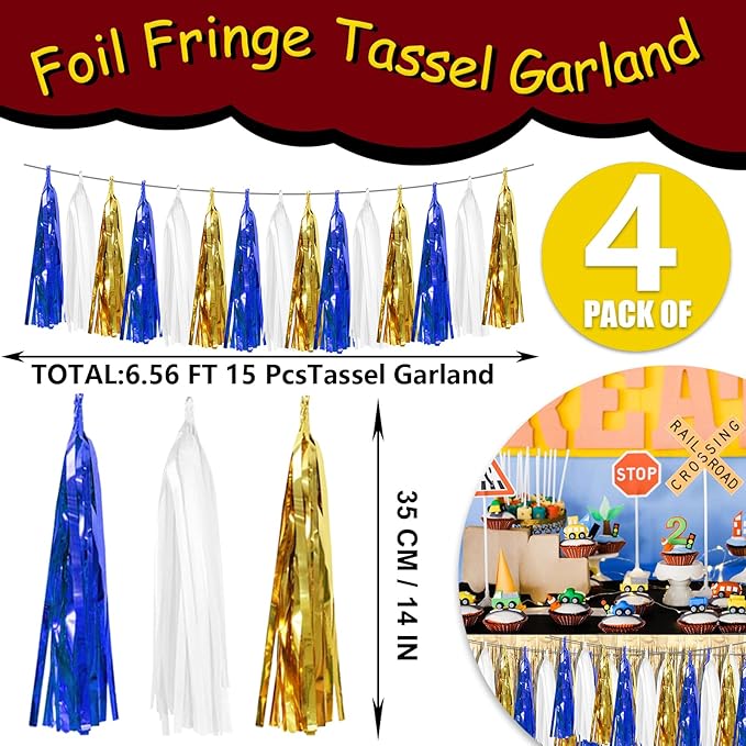 4 Pack Navy-Blue White and Gold Foil Fringe Tassel Banner Garland Metallic - Image 2