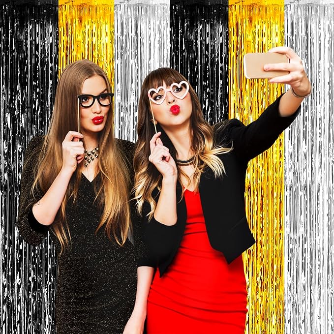 4 Pack Black Gold Silver Foil Fringe Curtain Backdrop, 3.28Ft x 8.2Ft Metallic - Image 5