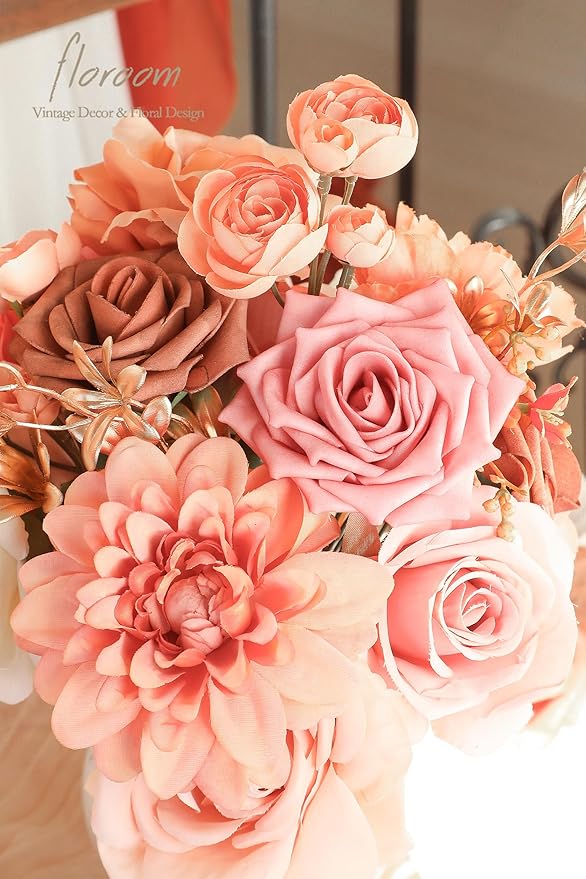 Floroom Terracotta Artificial Flowers Burnt Orange Fake Roses Dahlias and - Image 5