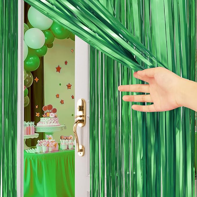 2 Pack Metallic Green Fringe Backdrop, 3.2x8.2ft Shining Foil Tinsel Curtains - Image 8