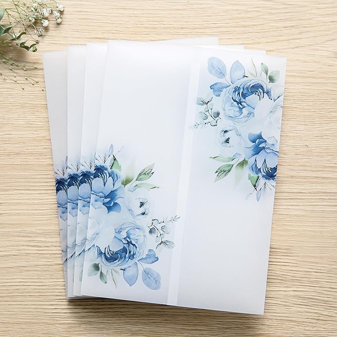 PONATIA 50PCS Vellum Jackets for 5x7 Invitation Cards- 135GSM Light Blue Floral - Image 2