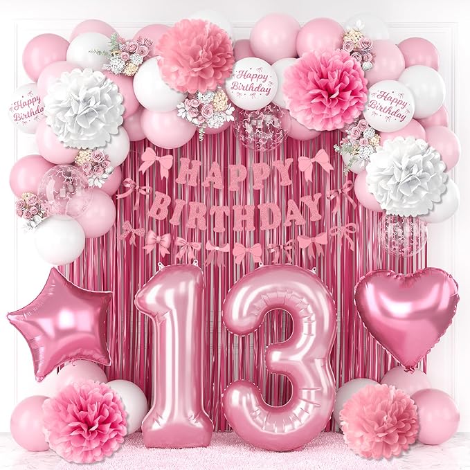 13th Birthday Decorations for Girls Pink Number 13 Balloon Bow Coquette Happy by KAINSY