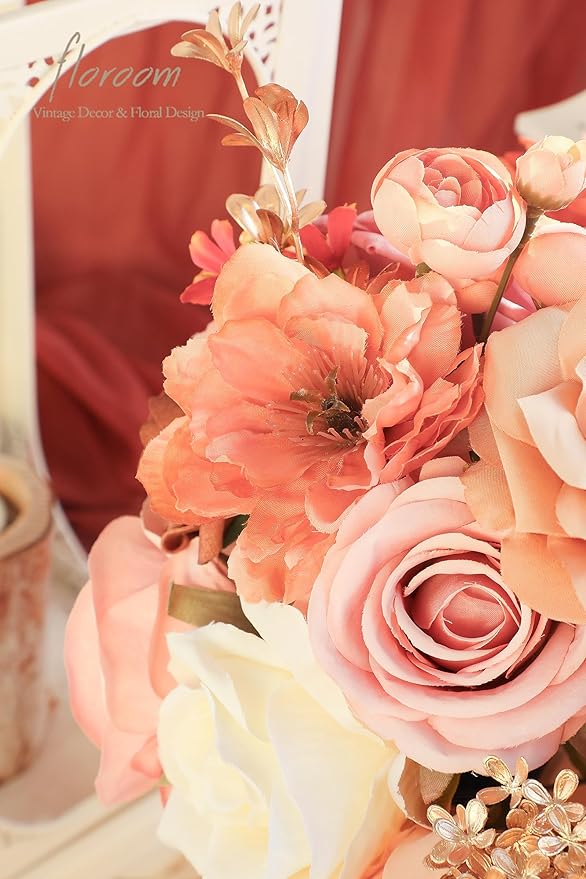 Floroom Terracotta Artificial Flowers Burnt Orange Fake Roses Dahlias and - Image 4
