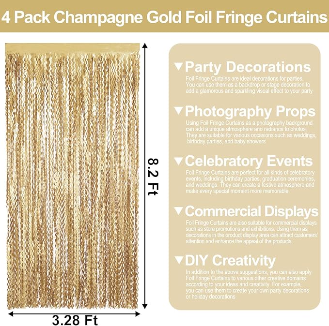 4 Pack Champagne Gold Wave Foil Fringe Curtain Backdrop, 3.28Ft x 8.2Ft - Image 2