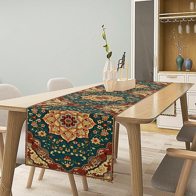 Boho Rich Table Runner, Vintage Blue Teal Gold Retro Flower Rustic Country - Image 2