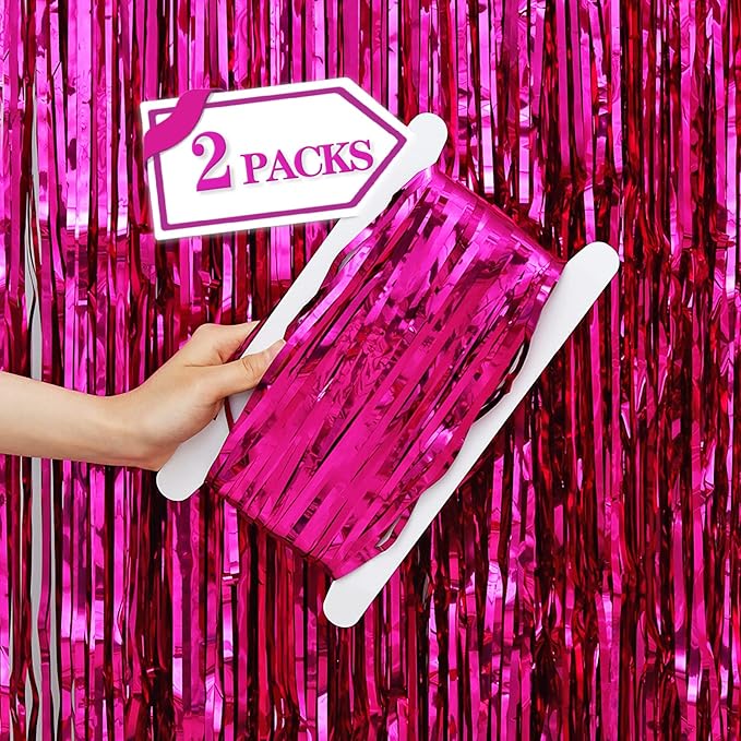 2 Pcs Hot Pink Metallic Tinsel Foil Fringe Curtains Backdrop, 3.28 ft x 6.56 ft by VHUWE