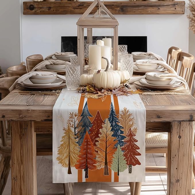 GEEORY Fall Watercolor Trees & Maple Leaves Striped Table Runner 13x60 Inch - Image 7