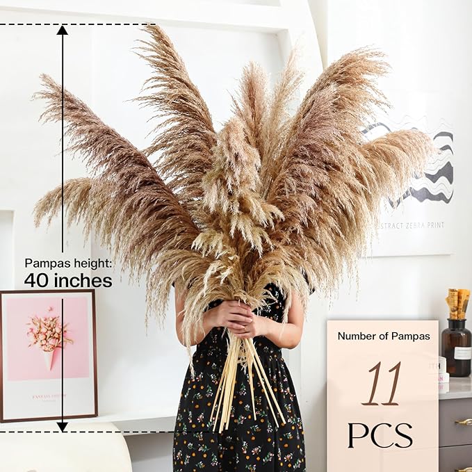 40" inch 11 Stems Natural Pampas Grass Tall Decor, Pompas Grass, Large Brown - Image 2
