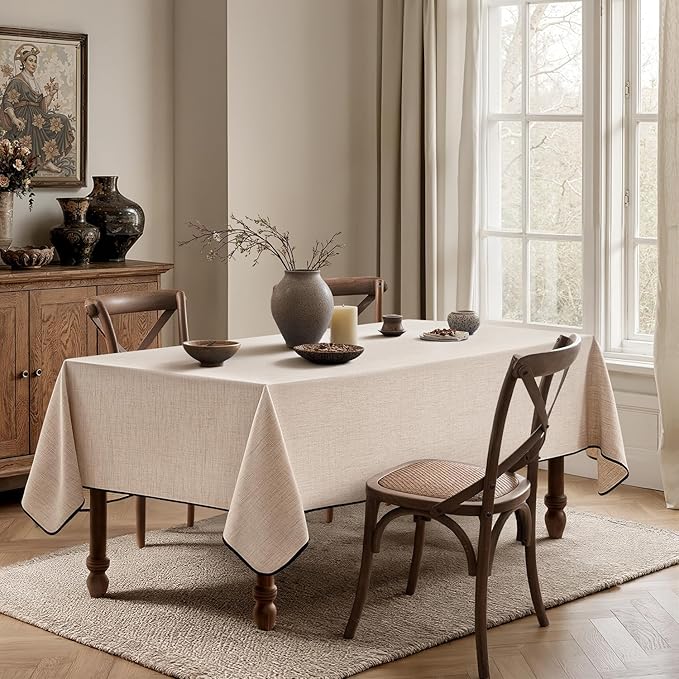 MIULEE Ivory-Black Linen Tablecloth 60x84 Inch Rectangle Table Cloth Waterproof - Image 4