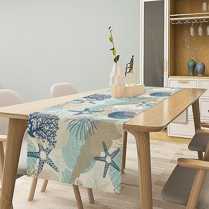 Nautical Coastal Table Runner，Ocean Themed Starfish Coral Conch Beach Kitchen - Image 3
