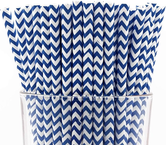 Pack of 150 Navy Blue Chevron Biodegradable 4-Ply Paper Drinking Straws by Stephanie+Imports