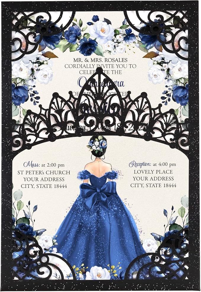 50Pcs Navy Blue Crown Invitations by DreamBuilt