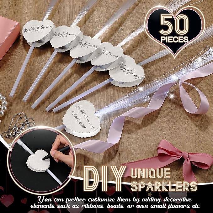 50 Pcs Wedding Sparklers Heart Shaped LED Glow Sticks Fiber Optic Wands Light - Image 3