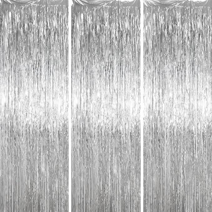 3 Pack 3.3 x 6.6 ft Silver Foil Fringe Backdrop Curtains, Tinsel Streamers by Voircoloria