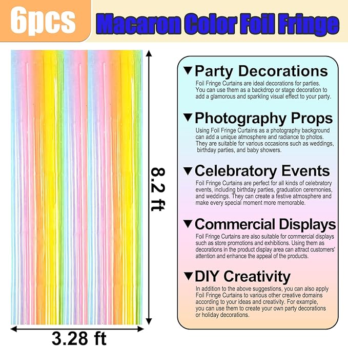 6 Pack Rainbow Foil Fringe Curtain Backdrop, 3.28Ft x 8.2Ft Metallic Tinsel - Image 2
