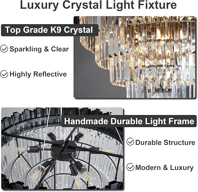 27.5" Black Crystal Chandelier, 9-Light Modern Luxury Round Chandelier - Image 8