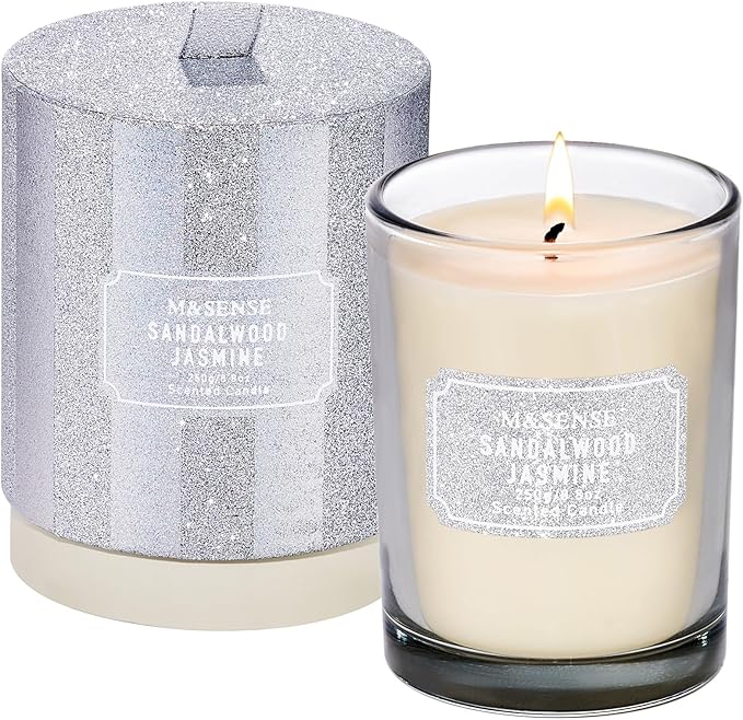 M&SENSE Sandalwood Jasmine Scented Candles, Classic Size 8.8 oz Glitter Jar by MSENSE