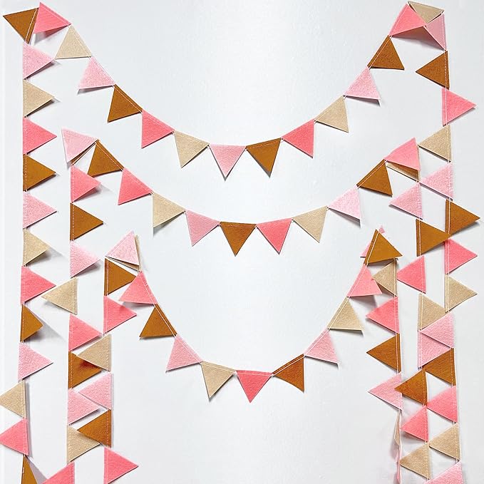 Boho Party Decorations Brown Blush Pink Felt Hanging Triangle Mini Bunting - Image 5