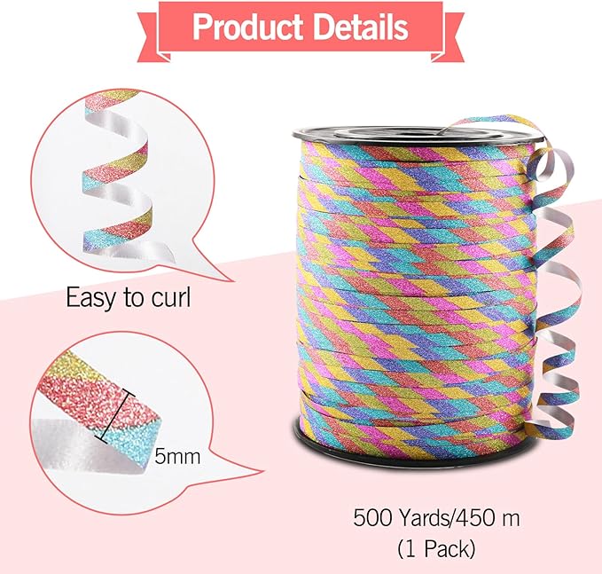500 Yard Curling Ribbon, Rainbow Glitter Curly Ribbons - Image 4