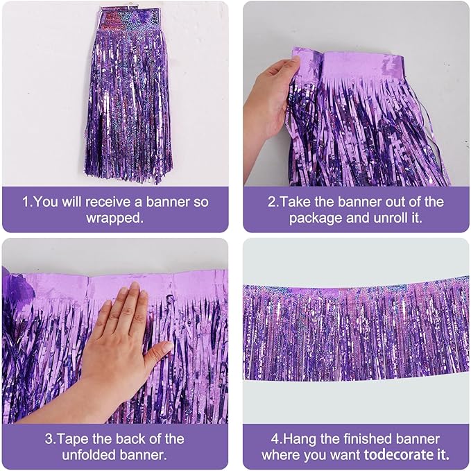 BEISHIDA 3 Packs Metallic Foil Fringe Garland Laser Light Purple Wall Hanging - Image 3