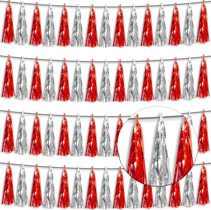 4P Red Silver Foil Fringe Tassel Banner Garland Metallic Tinsel Streamers Wall by Xuuf