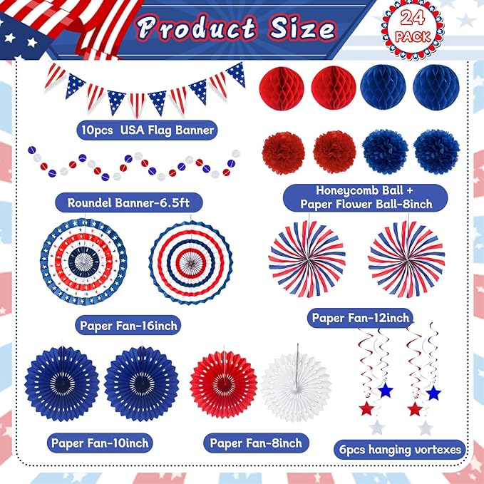 24PCS Patriotic Decorations 4th of July Decorations Set Red White Blue Hanging - Image 2