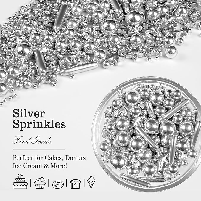 Silver Pearl Rods Star Sugar Sprinkles, Edible Pearls Baking Candy, 150g/5.29oz - Image 4