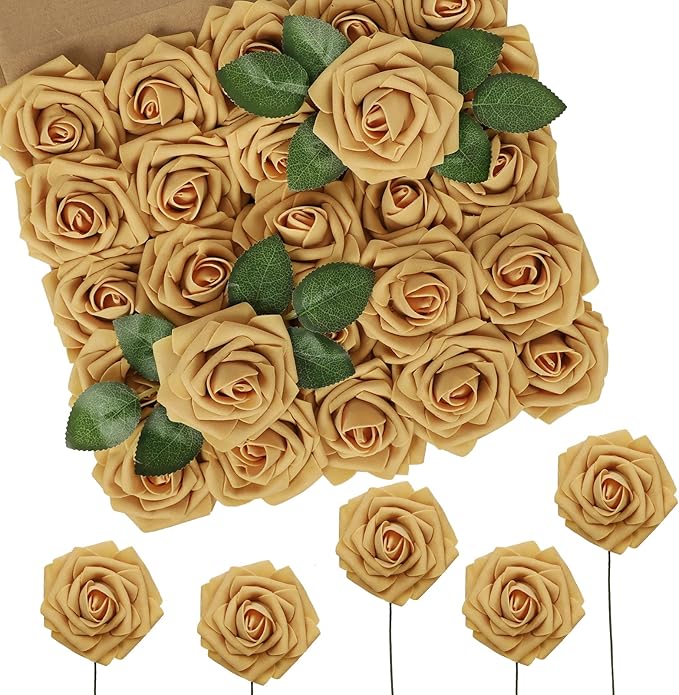 N&T NIETING Artificial Flowers 50pcs Real Looking Gold Yellow Foam Fake Roses by NTNIETING