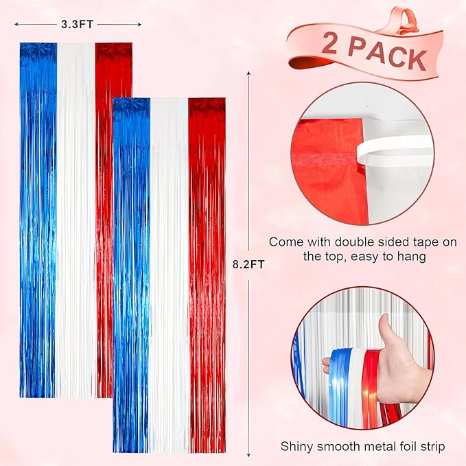 2 Pack Red White and Blue Foil Fringe Backdrop Curtains, Tinsel Streamers Party - Image 3
