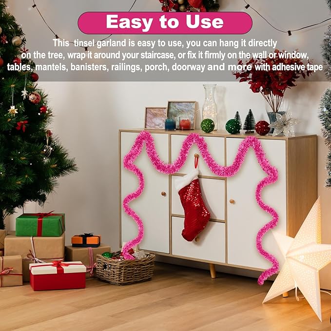 50 Feet Pink Christmas Tinsel Garland, Metallic Foil Twist Garland Wall Hanging - Image 5