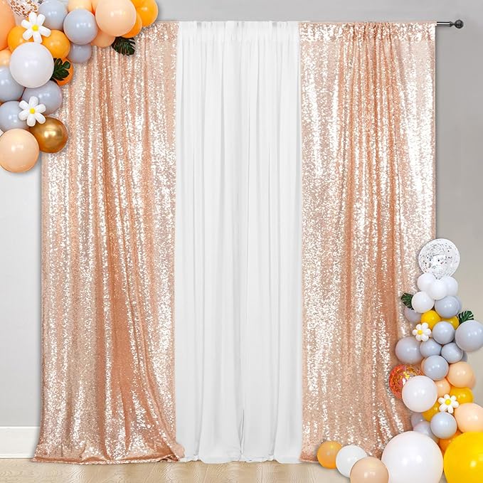 SquarePie Sequin Curtain 2 Panels 2FT x 8FT Rose Gold Backdrop Background by SquarePie