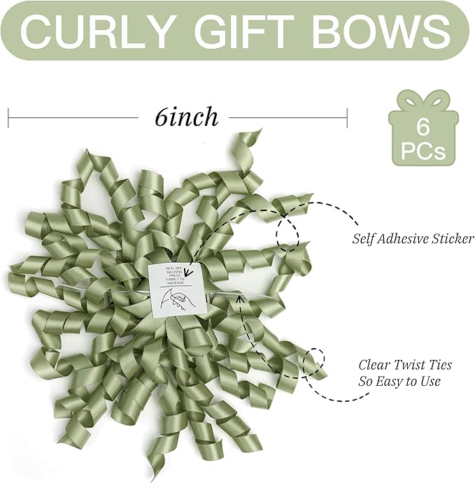 6 Inch Sage Curly Bows for Gift Wrapping Set of 6, Self Adhesive Bows Green - Image 2