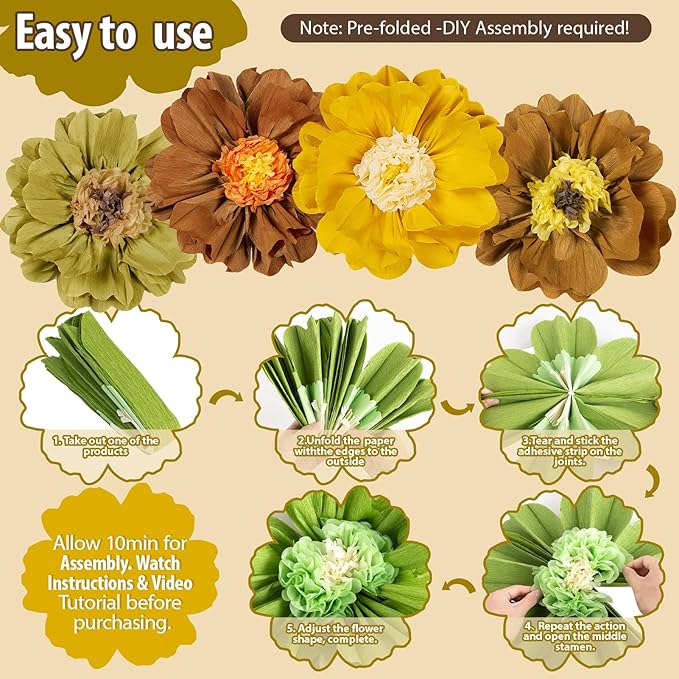 4 PCS 20" Brown Yellow Giant Paper Flowers Boho Baby Shower Party Decorations - Image 3