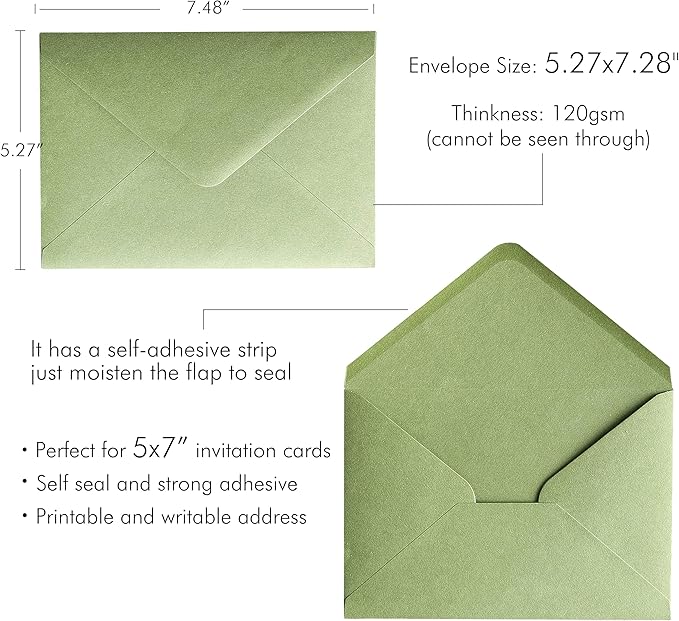 PONATIA 50 PCS/Pack A7 Envelopes, 5.25 x 7.48'' Sage Green Envelopes - Image 2