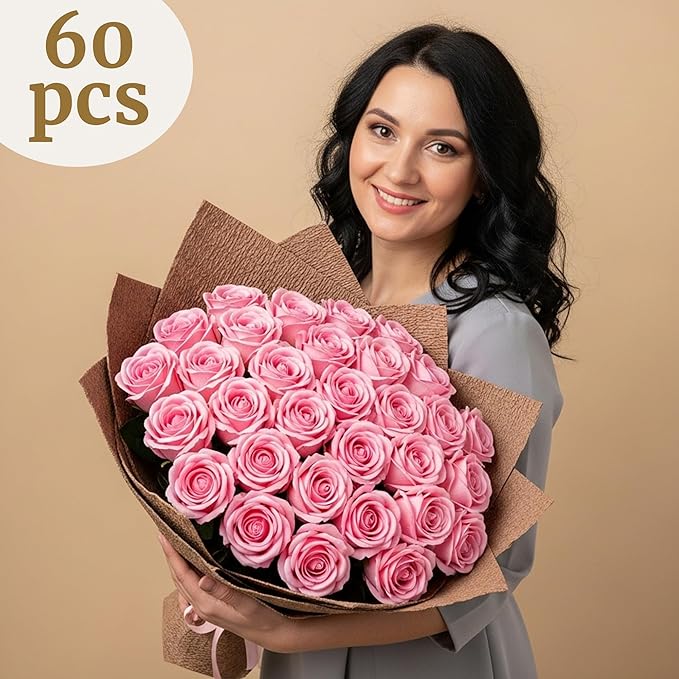 Auihiay 60PCS Pink Roses, Artificial Roses, Velvet Silk Fake Roses, Realistic - Image 6